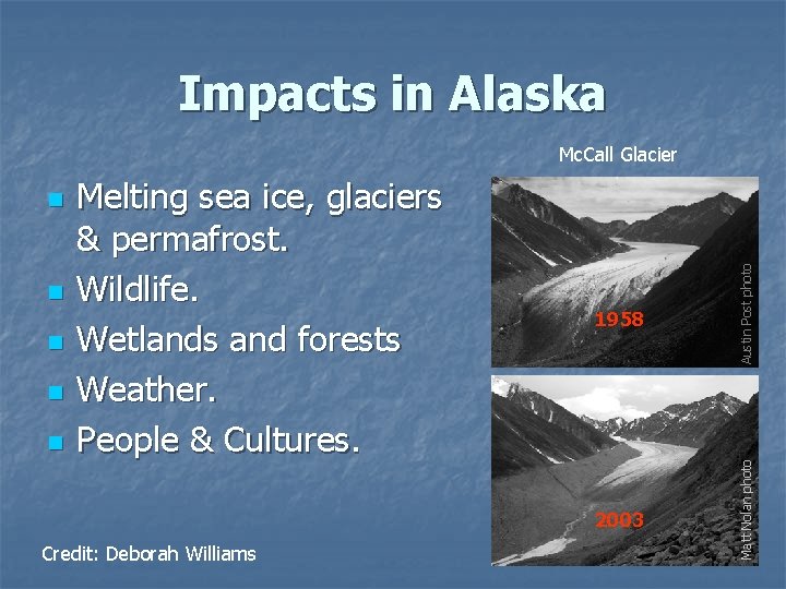 Impacts in Alaska n n Melting sea ice, glaciers & permafrost. Wildlife. Wetlands and Impacts in Alaska n n Melting sea ice, glaciers & permafrost. Wildlife. Wetlands and