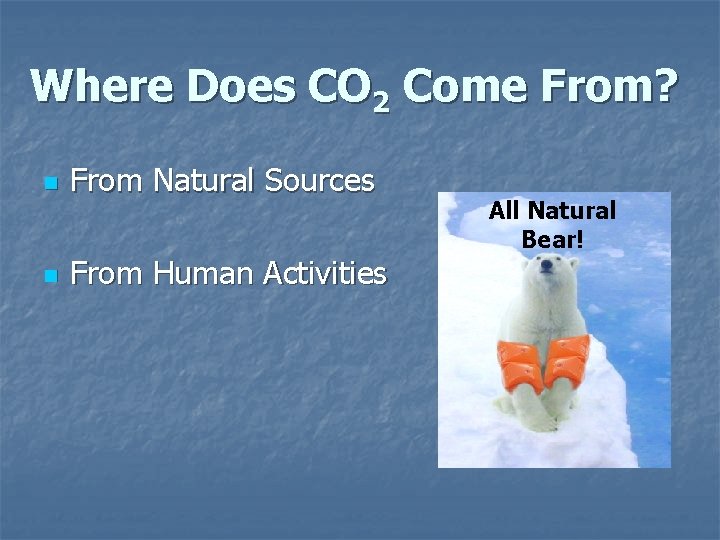 Where Does CO 2 Come From? n From Natural Sources n From Human Activities Where Does CO 2 Come From? n From Natural Sources n From Human Activities