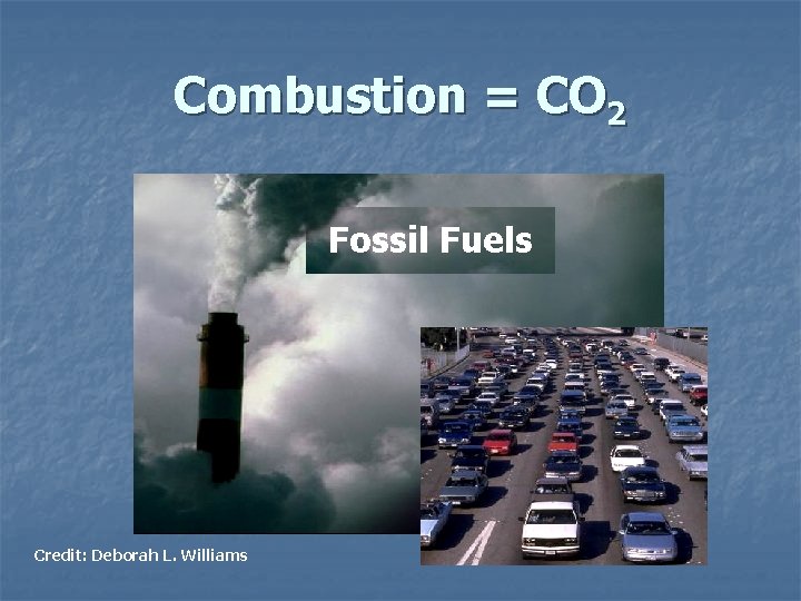 Combustion = CO 2 Fossil Fuels Credit: Deborah L. Williams Combustion = CO 2 Fossil Fuels Credit: Deborah L. Williams