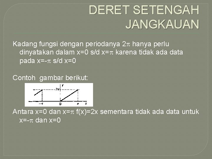 DERET SETENGAH JANGKAUAN Kadang fungsi dengan periodanya 2 hanya perlu dinyatakan dalam x=0 s/d