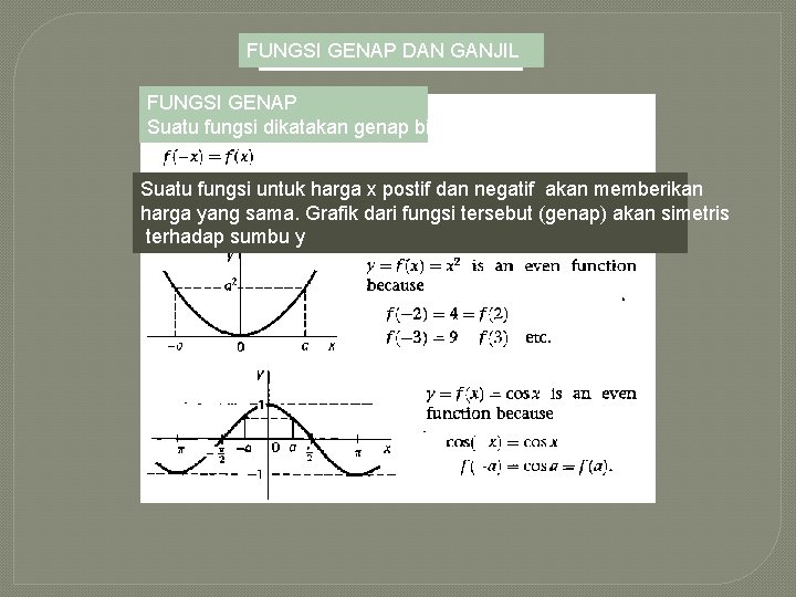 FUNGSI GENAP DAN GANJIL FUNGSI GENAP Suatu fungsi dikatakan genap bila Suatu fungsi untuk