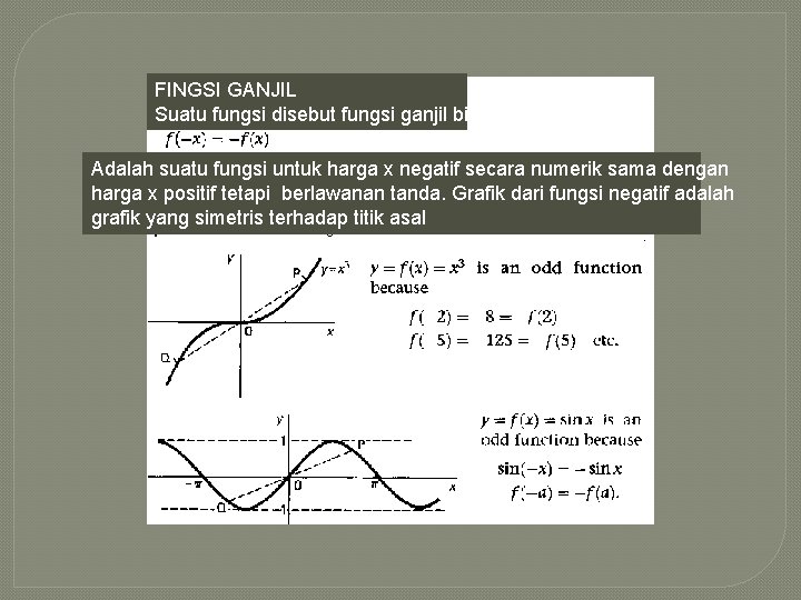 FINGSI GANJIL Suatu fungsi disebut fungsi ganjil bila Adalah suatu fungsi untuk harga x