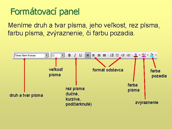 Formátovací panel Meníme druh a tvar písma, jeho veľkost, rez písma, farbu písma, zvýraznenie,