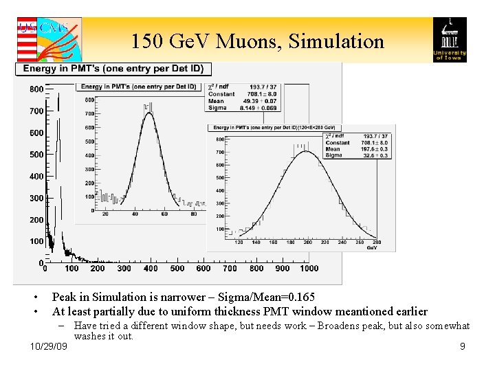 150 Ge. V Muons, Simulation • • Peak in Simulation is narrower – Sigma/Mean=0.