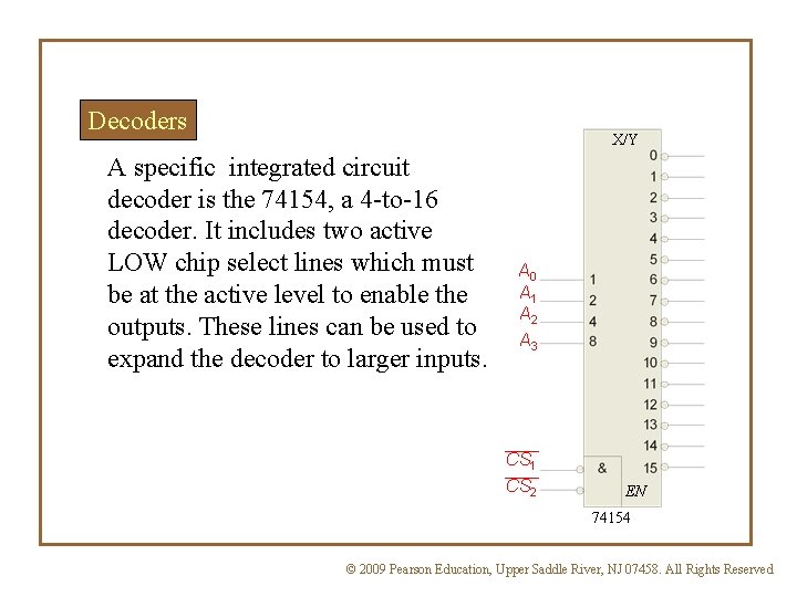 Decoders X/Y A specific integrated circuit decoder is the 74154, a 4 -to-16 decoder.