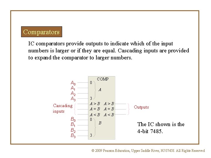 Comparators IC comparators provide outputs to indicate which of the input numbers is larger