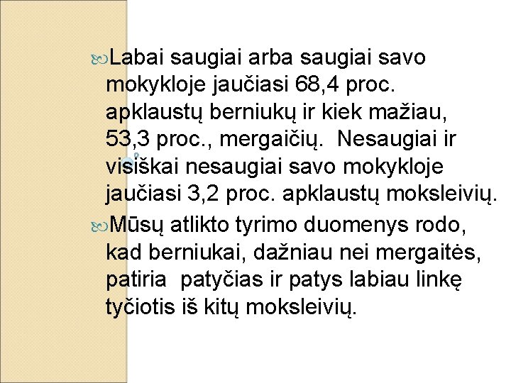  Labai saugiai arba saugiai savo mokykloje jaučiasi 68, 4 proc. apklaustų berniukų ir