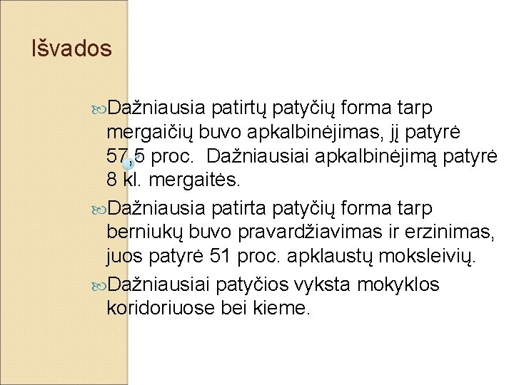 Išvados Dažniausia patirtų patyčių forma tarp mergaičių buvo apkalbinėjimas, jį patyrė 57, 5 proc.