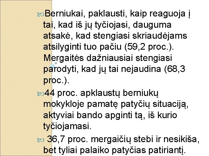  Berniukai, paklausti, kaip reaguoja į tai, kad iš jų tyčiojasi, dauguma atsakė, kad