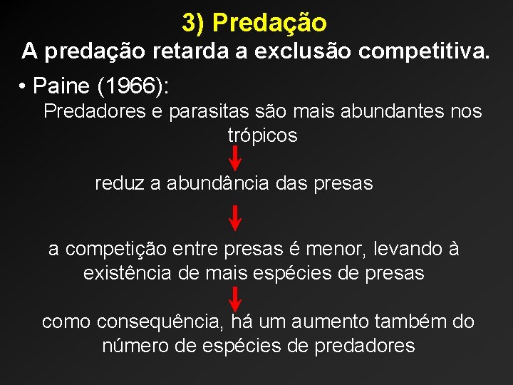 3) Predação A predação retarda a exclusão competitiva. • Paine (1966): Predadores e parasitas