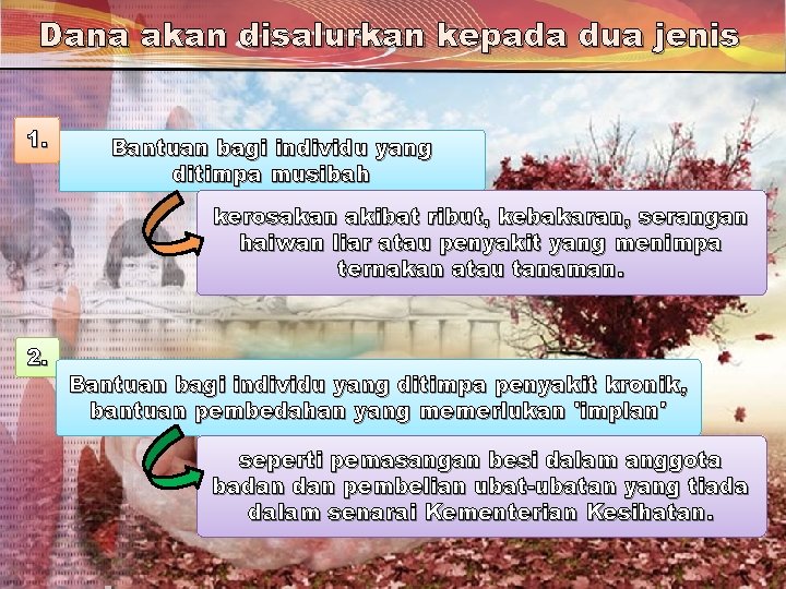 Dana akan disalurkan kepada dua jenis 1. Bantuan bagi individu yang ditimpa musibah kerosakan Dana akan disalurkan kepada dua jenis 1. Bantuan bagi individu yang ditimpa musibah kerosakan