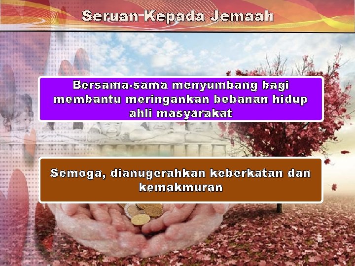 Seruan Kepada Jemaah Bersama-sama menyumbang bagi membantu meringankan bebanan hidup ahli masyarakat Semoga, dianugerahkan Seruan Kepada Jemaah Bersama-sama menyumbang bagi membantu meringankan bebanan hidup ahli masyarakat Semoga, dianugerahkan