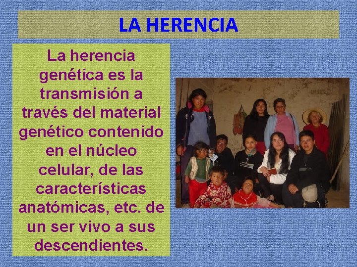 LA HERENCIA La herencia genética es la transmisión a través del material genético contenido
