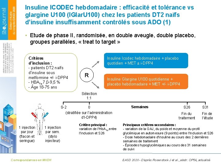 Insuline ICODEC hebdomadaire : efficacité et tolérance vs glargine U 100 (IGlar. U 100)