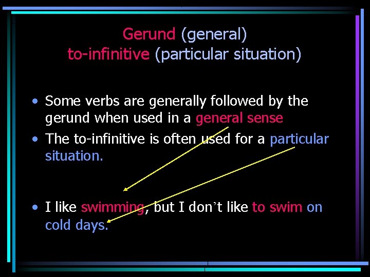 Gerund (general) to-infinitive (particular situation) • Some verbs are generally followed by the gerund