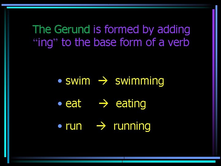 The Gerund is formed by adding “ing” to the base form of a verb The Gerund is formed by adding “ing” to the base form of a verb