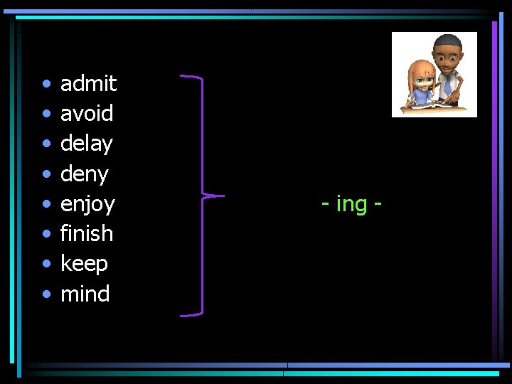  • • admit avoid delay deny enjoy finish keep mind - ing -