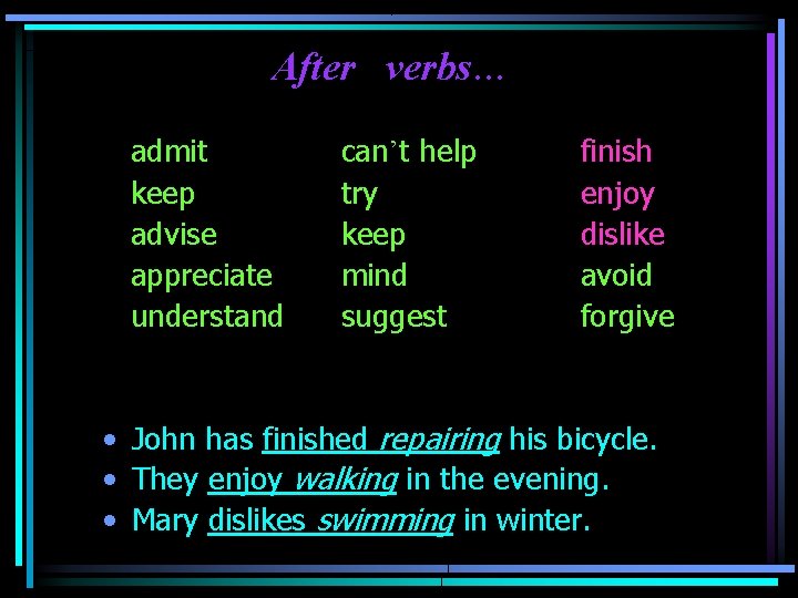 After verbs… admit keep advise appreciate understand can’t help try keep mind suggest finish