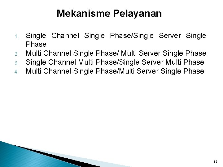 Mekanisme Pelayanan 1. 2. 3. 4. Single Channel Single Phase/Single Server Single Phase Multi