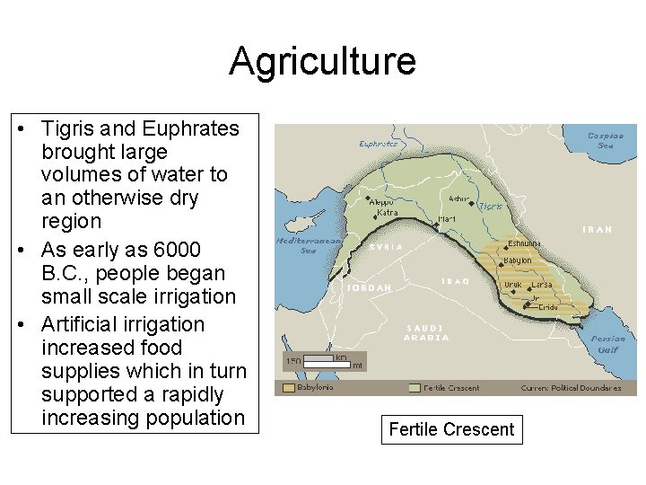 Agriculture • Tigris and Euphrates brought large volumes of water to an otherwise dry