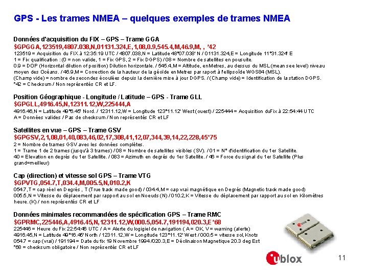 GPS - Les trames NMEA – quelques exemples de trames NMEA Données d'acquisition du