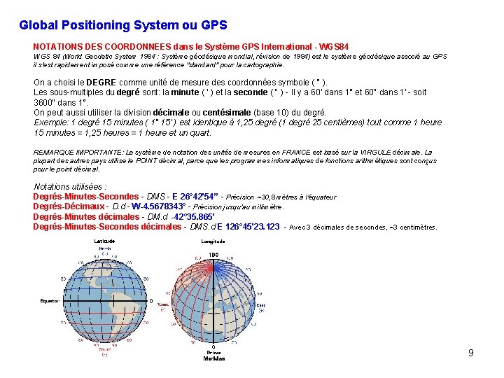 Global Positioning System ou GPS NOTATIONS DES COORDONNEES dans le Système GPS International -