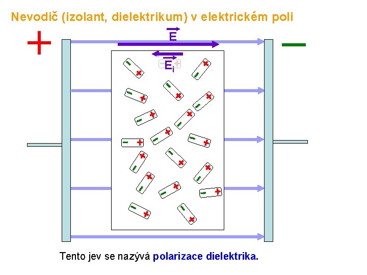 Nevodič (izolant, dielektrikum) v elektrickém poli E Ei Tento jev se nazývá polarizace dielektrika.