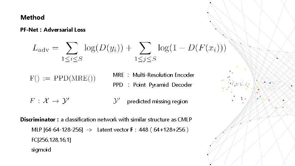 Method PF-Net：Adversarial Loss MRE ： Multi-Resolution Encoder PPD ： Point Pyramid Decoder predicted missing