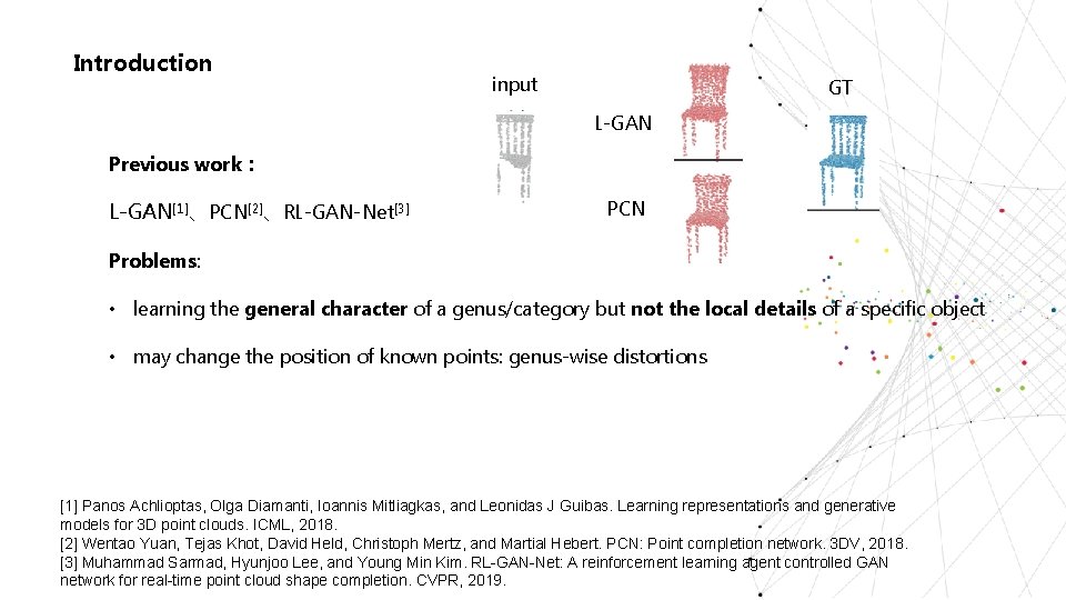 Introduction input GT L-GAN Previous work： L-GAN[1]、PCN[2]、RL-GAN-Net[3] PCN Problems: • learning the general character