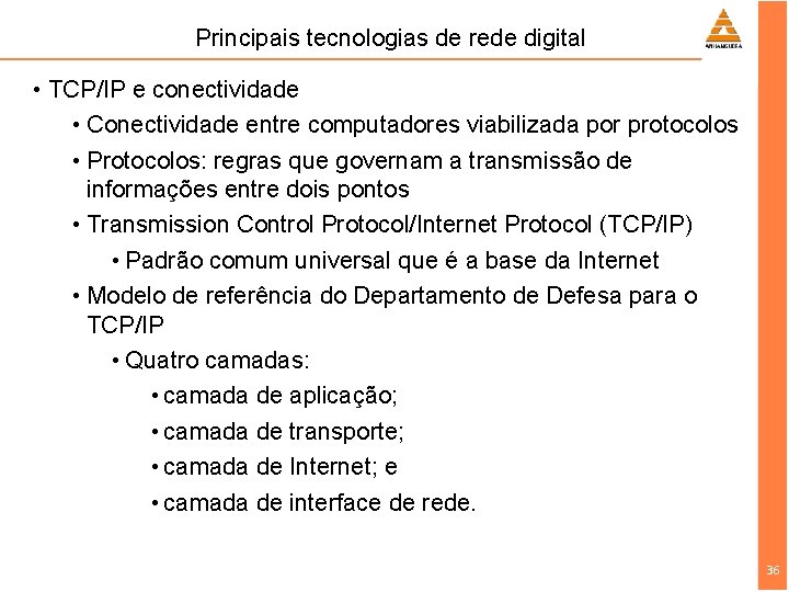 Principais tecnologias de rede digital • TCP/IP e conectividade • Conectividade entre computadores viabilizada