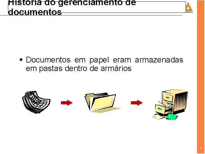 História do gerenciamento de documentos § Documentos em papel eram armazenadas em pastas dentro