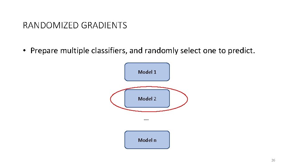 RANDOMIZED GRADIENTS • Prepare multiple classifiers, and randomly select one to predict. Model 1