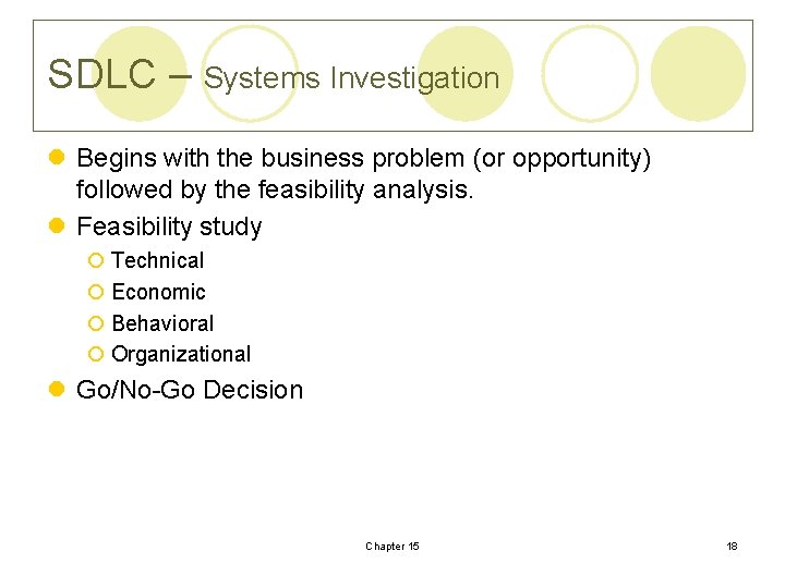 SDLC – Systems Investigation l Begins with the business problem (or opportunity) followed by