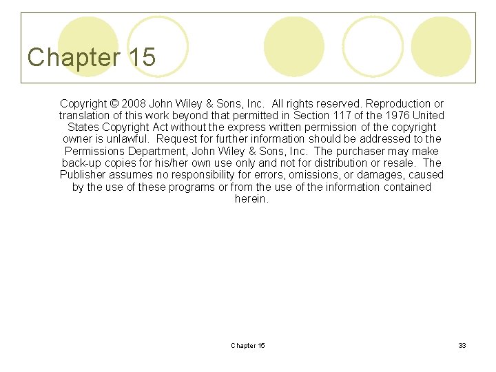 Chapter 15 Copyright © 2008 John Wiley & Sons, Inc. All rights reserved. Reproduction