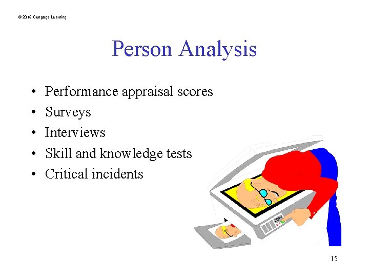© 2013 Cengage Learning Person Analysis • • • Performance appraisal scores Surveys Interviews
