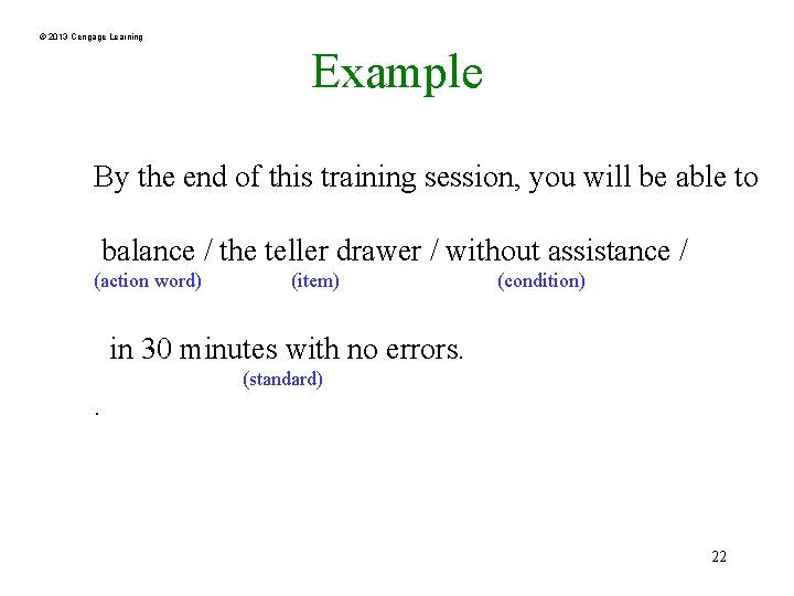 © 2013 Cengage Learning Example By the end of this training session, you will