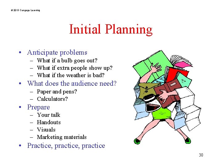 © 2013 Cengage Learning Initial Planning • Anticipate problems – What if a bulb