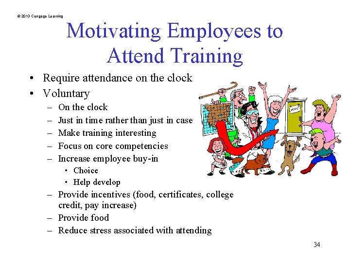 © 2013 Cengage Learning Motivating Employees to Attend Training • Require attendance on the