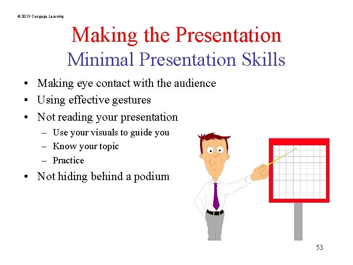 © 2013 Cengage Learning Making the Presentation Minimal Presentation Skills • Making eye contact