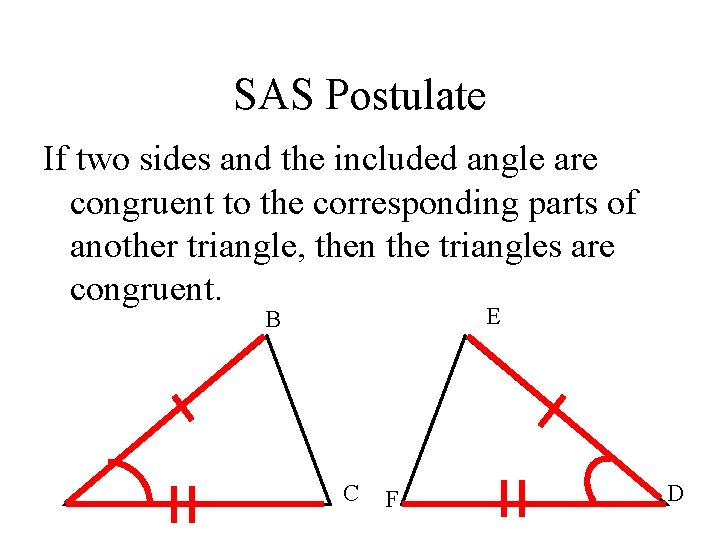 SAS Postulate If two sides and the included angle are congruent to the corresponding