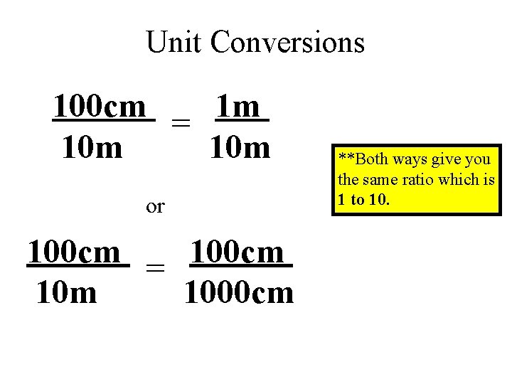 Unit Conversions 100 cm 1 m = 10 m or 100 cm = 10