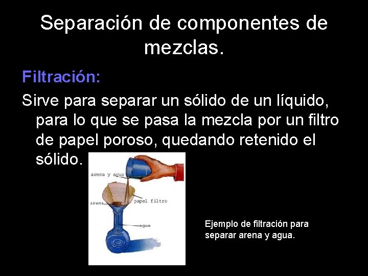 Separación de componentes de mezclas. Filtración: Sirve para separar un sólido de un líquido,