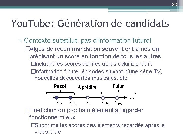 33 You. Tube: Génération de candidats ▫ Contexte substitut: pas d’information future! �Algos de