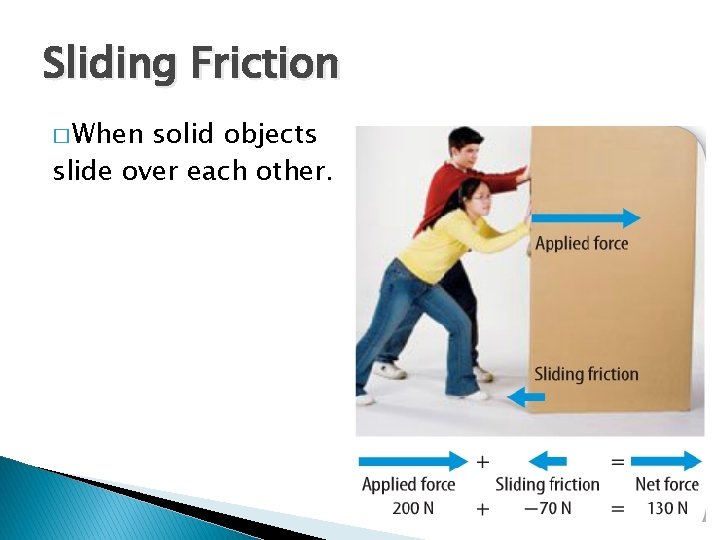 Sliding Friction � When solid objects slide over each other. 