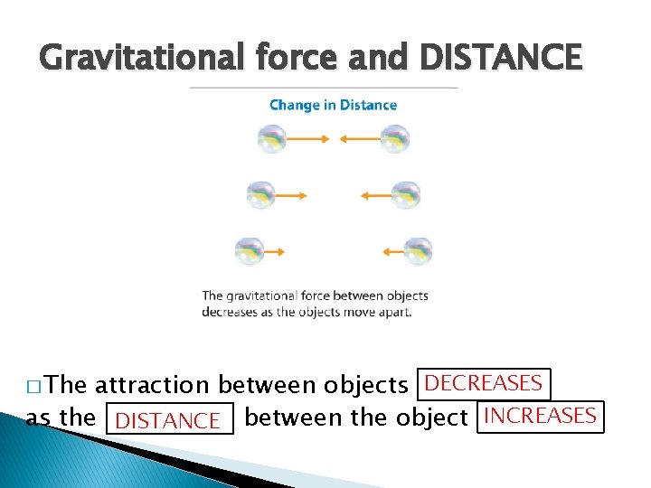 Gravitational force and DISTANCE � The attraction between objects DECREASES as the DISTANCE between