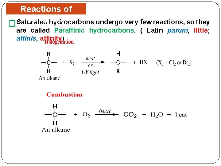 Reactions of Alkanes hydrocarbons undergo very few reactions, so they �Saturated are called Paraffinic