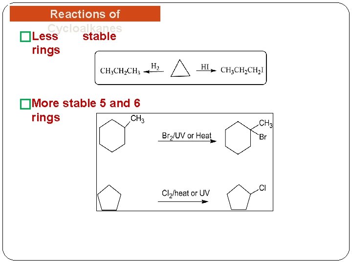 Reactions of Cycloalkanes stable �Less rings �More stable 5 and 6 rings 