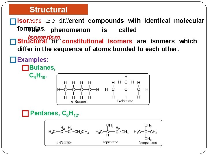 Structural Isomerism are different �Isomers compounds with identical molecular formulas. The phenomenon is called