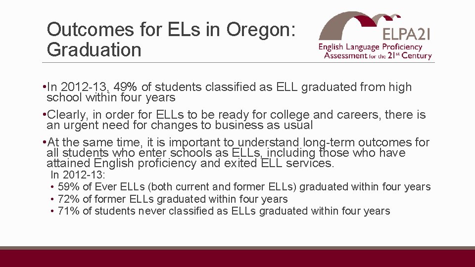 Outcomes for ELs in Oregon: Graduation • In 2012 -13, 49% of students classified