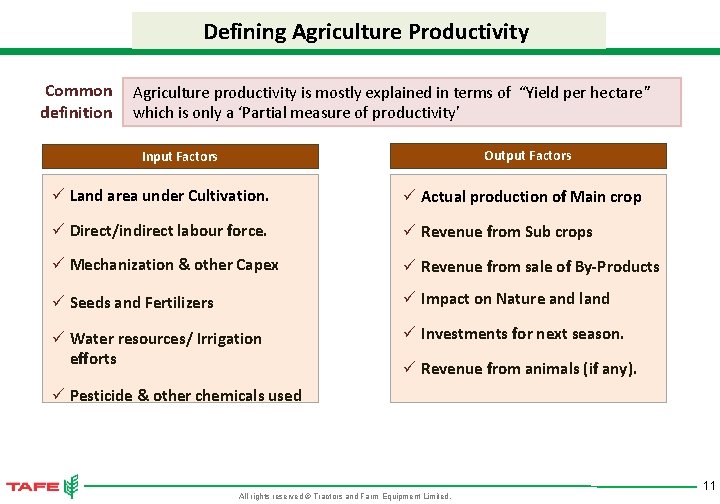 Defining Agriculture Productivity Common definition Agriculture productivity is mostly explained in terms of “Yield